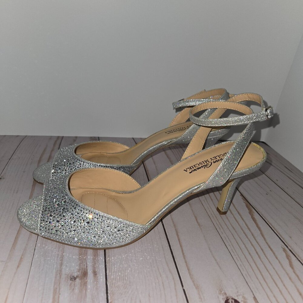 Badgley Mischka Zoelle Silver Crystal Heels Women’s Size 11 Ankle Strap